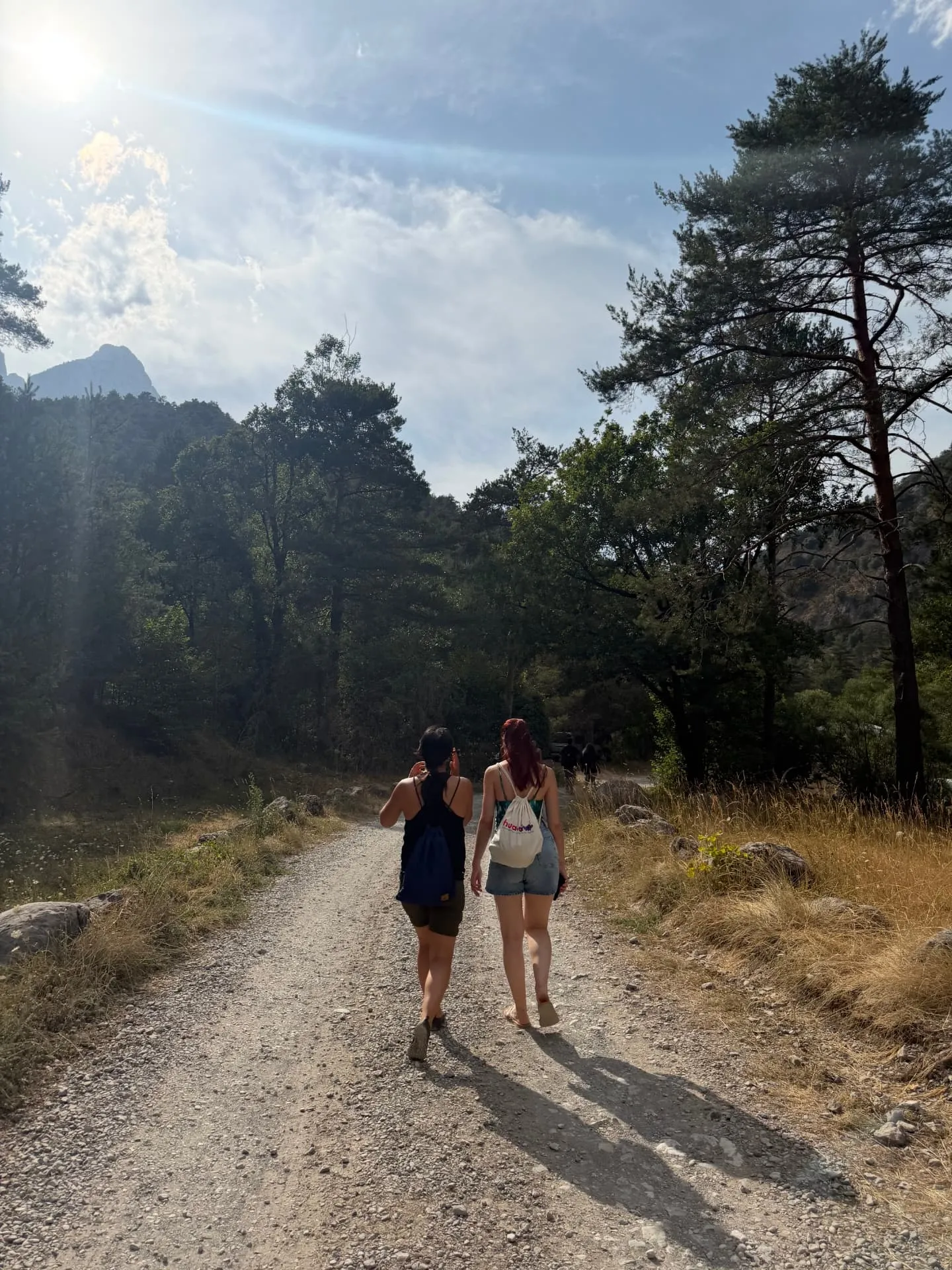 Dues joves caminant per un camí entre pins